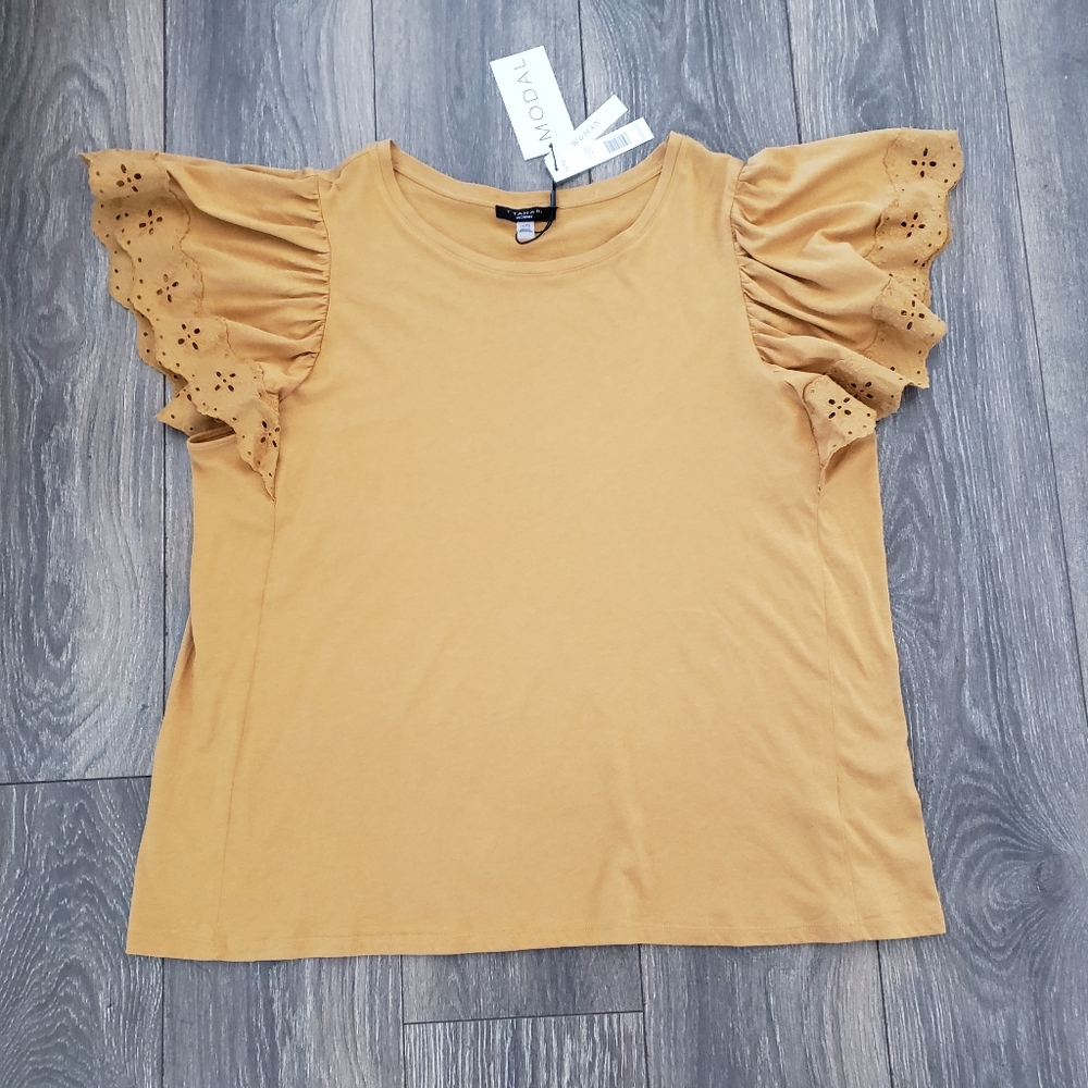 Tahari Woman Mustard Yellow short ruffle sleeve top size 1X New With Tags